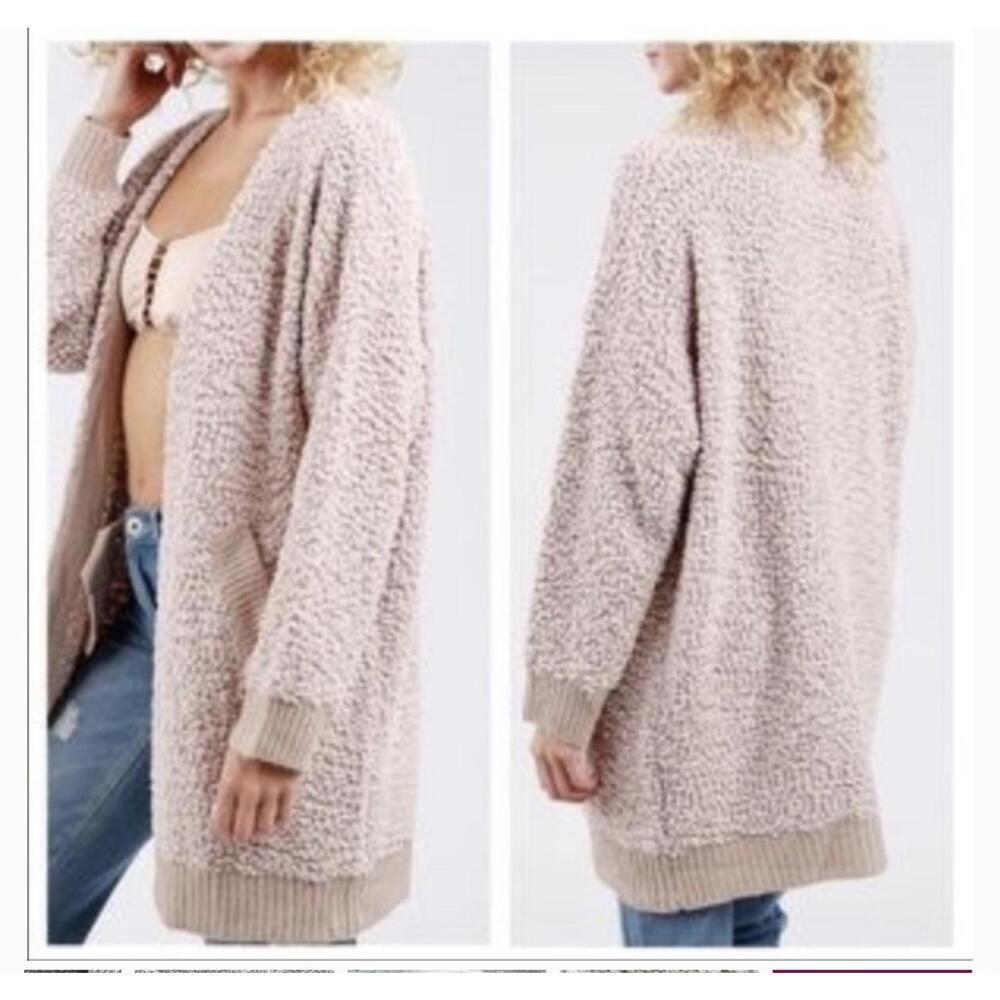 NWOT POL Cozy Textured Open-Front Cardigan with Pockets (Sage Green)